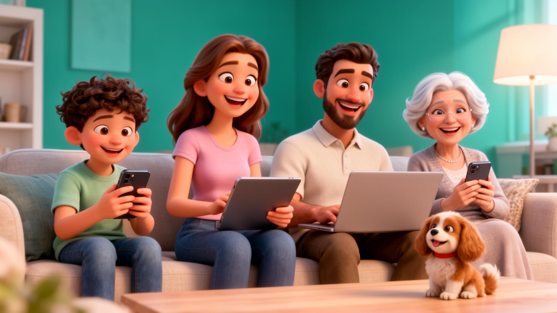 Happy family using devices safely